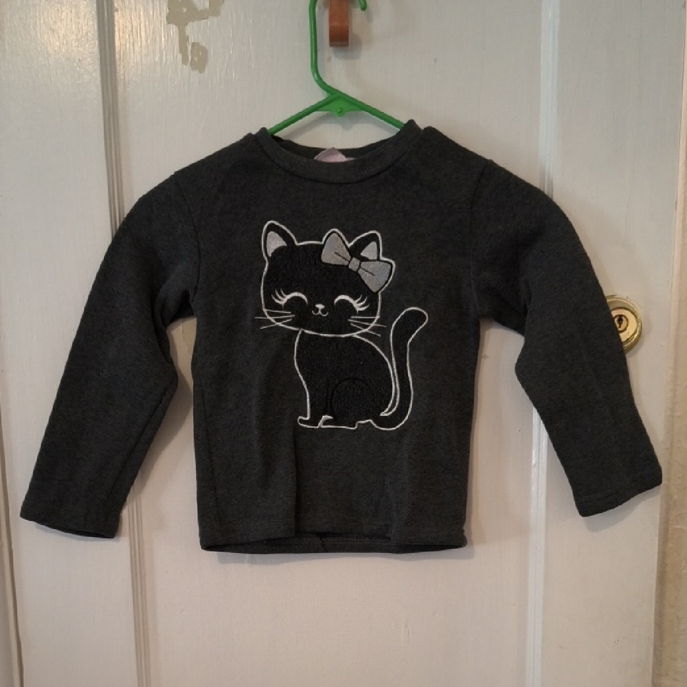 Charming Gray Cat Graphic Kids Long Sleeve Tee and Bottoms Set